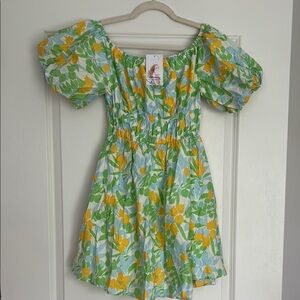 Yellow and Green Smocked Puff Sleeve Mini Sundress